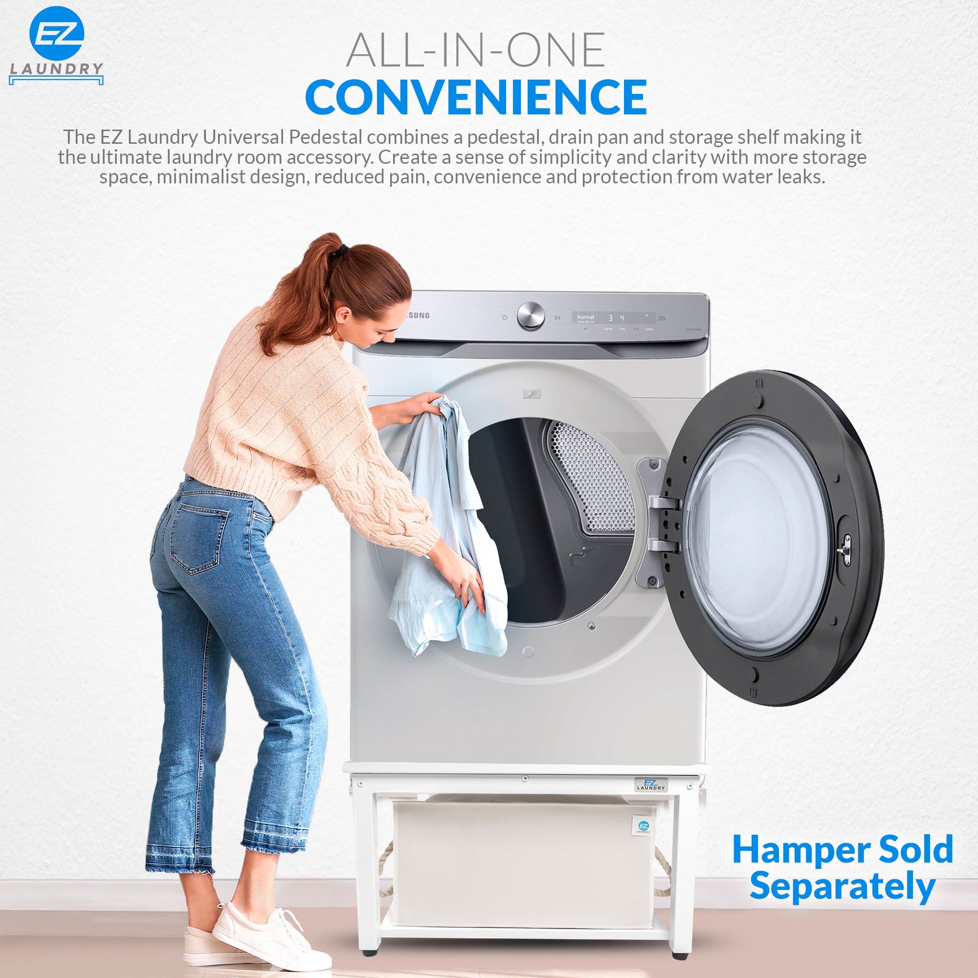 EZ LAUNDRY Universal Fit Washer & Dryer Pedestal with Storage Shelf and Drain Pan