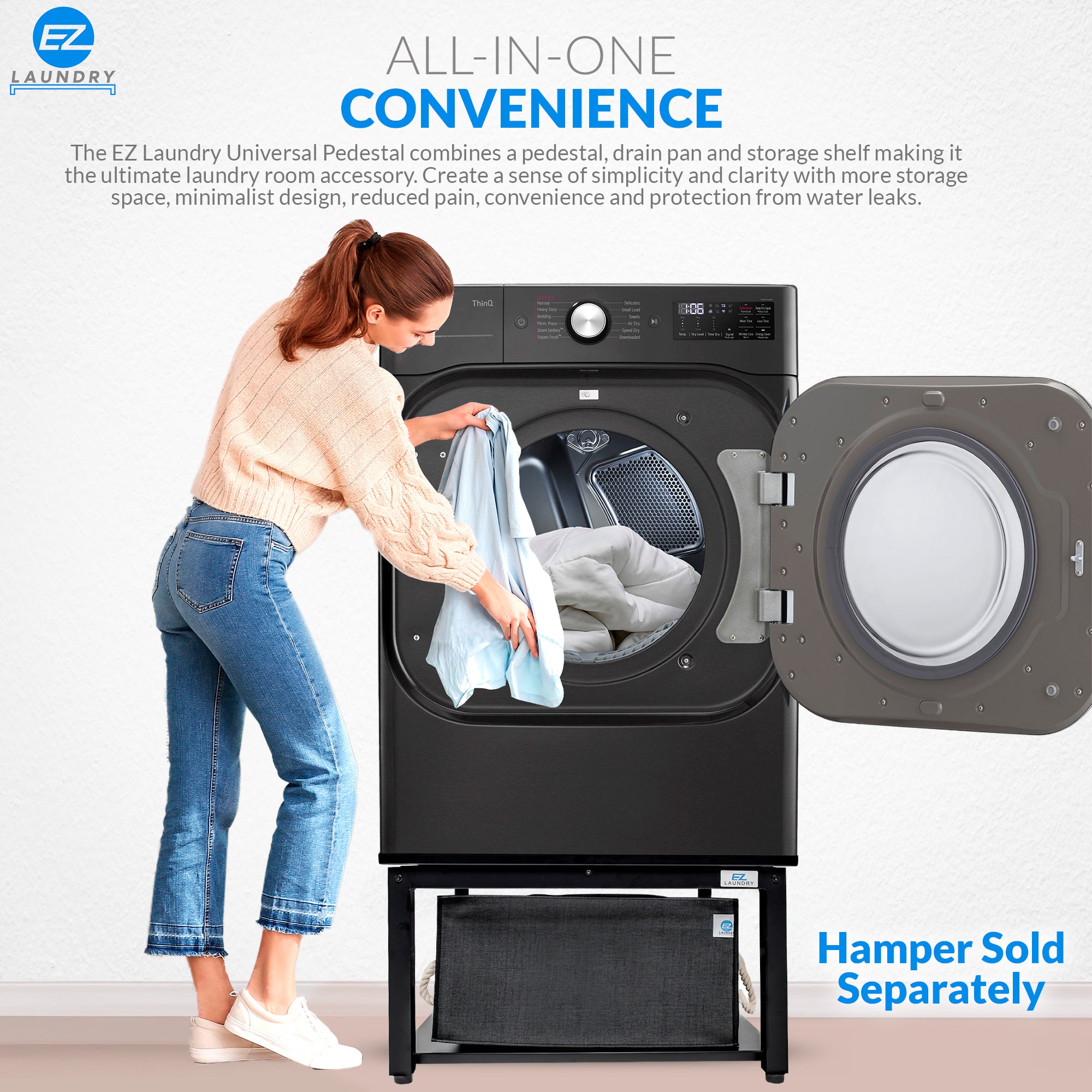 EZ LAUNDRY Universal Fit Washer & Dryer Pedestal with Storage Shelf and Drain Pan