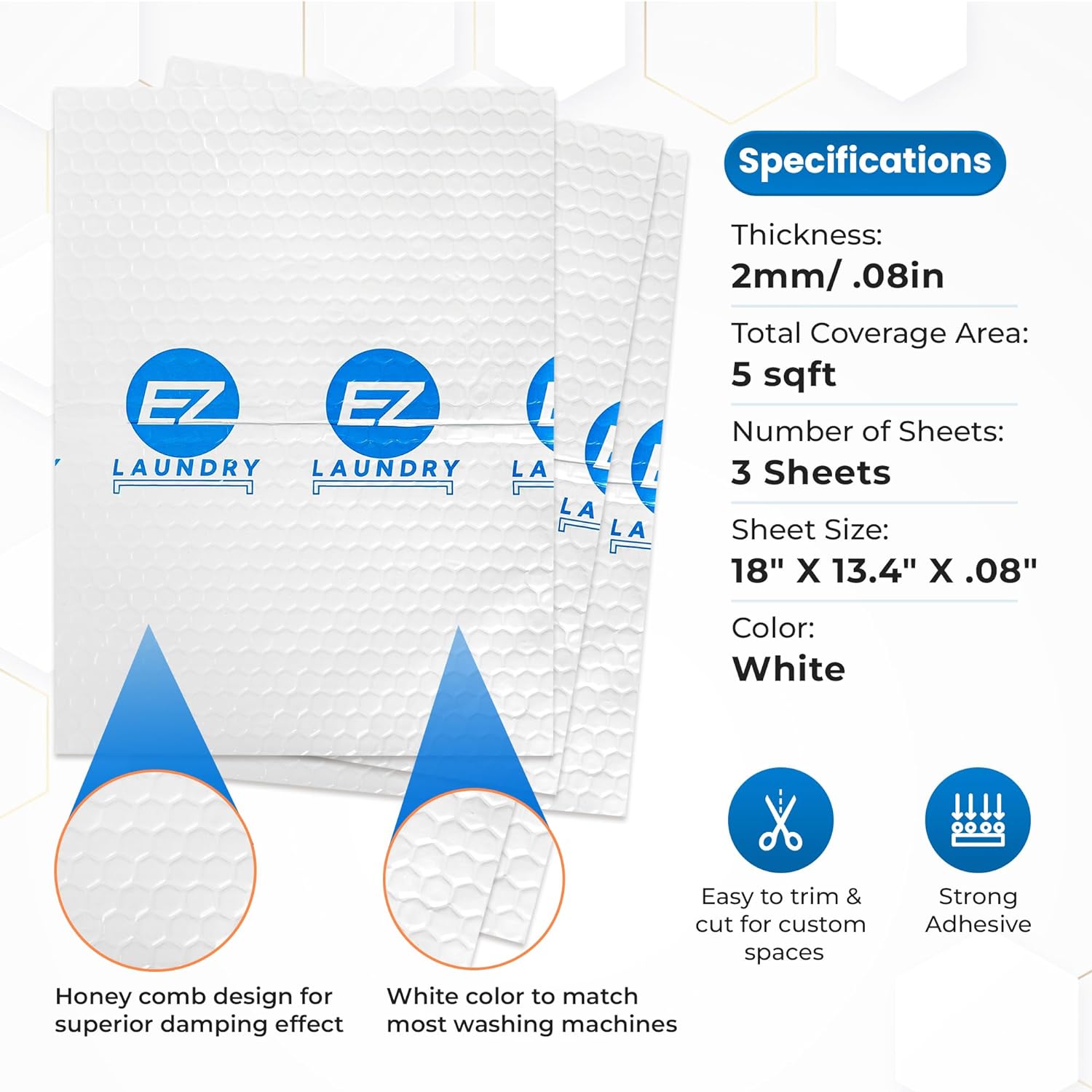 EZ Laundry Anti Vibration Sound Deadening Mat for Washing Machine or Laundry Pedestal (White)